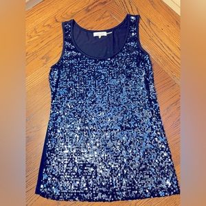 Calvin Klein Women Top Tank Sequin Front Knit Back Sleeveless Blue Size M